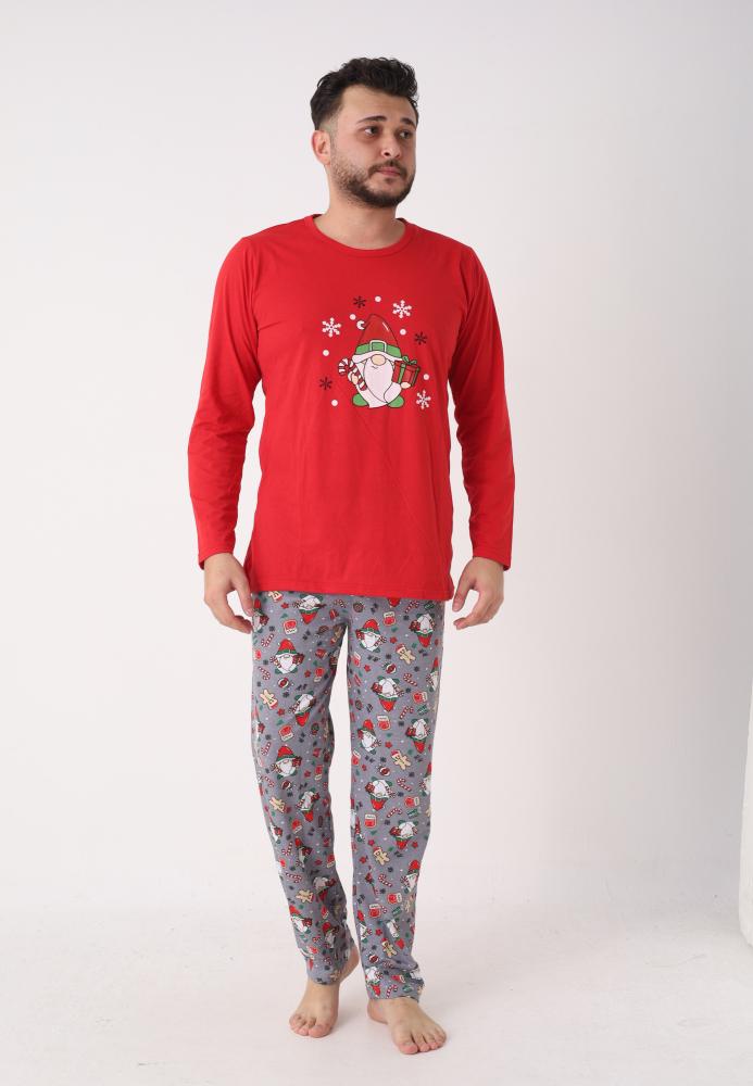 Pijama barbati Craciun,maneca lunga si pantaloni lungi,imprimeu pitic,En-gros